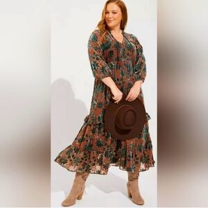 Torrid Brown and Green Velvet Floral Dress